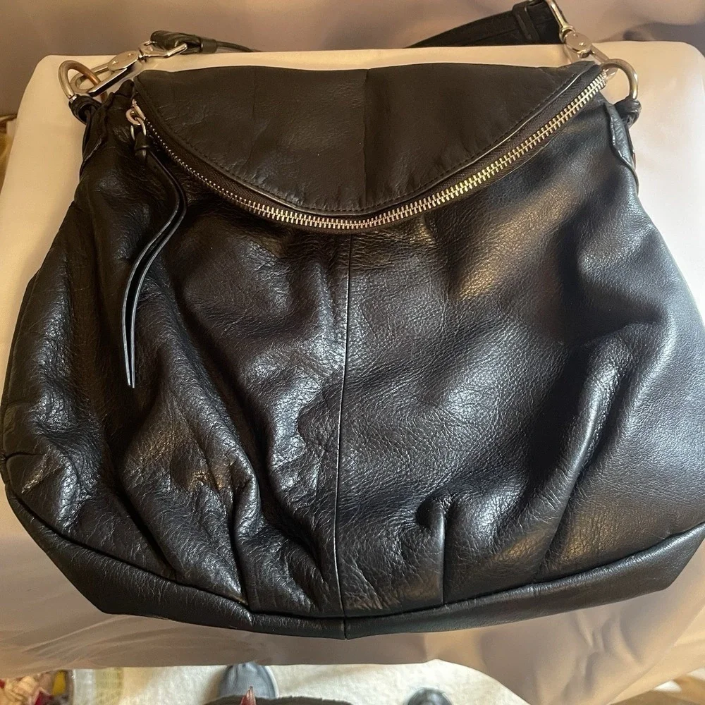 Margot Soft Black Leather Medium Shoulder Hobo Bag Zip Fold Over Purse
